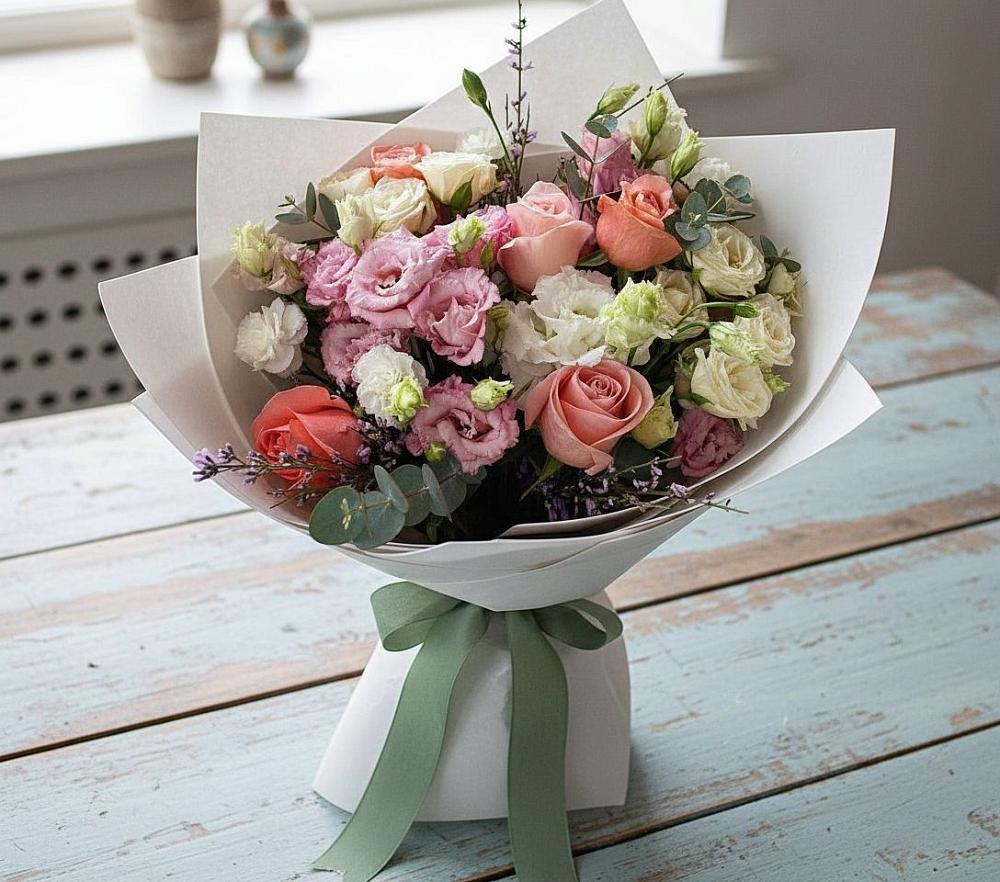 Букет цветов из: Розы, Лизиантусы и Гвоздики во Власихе