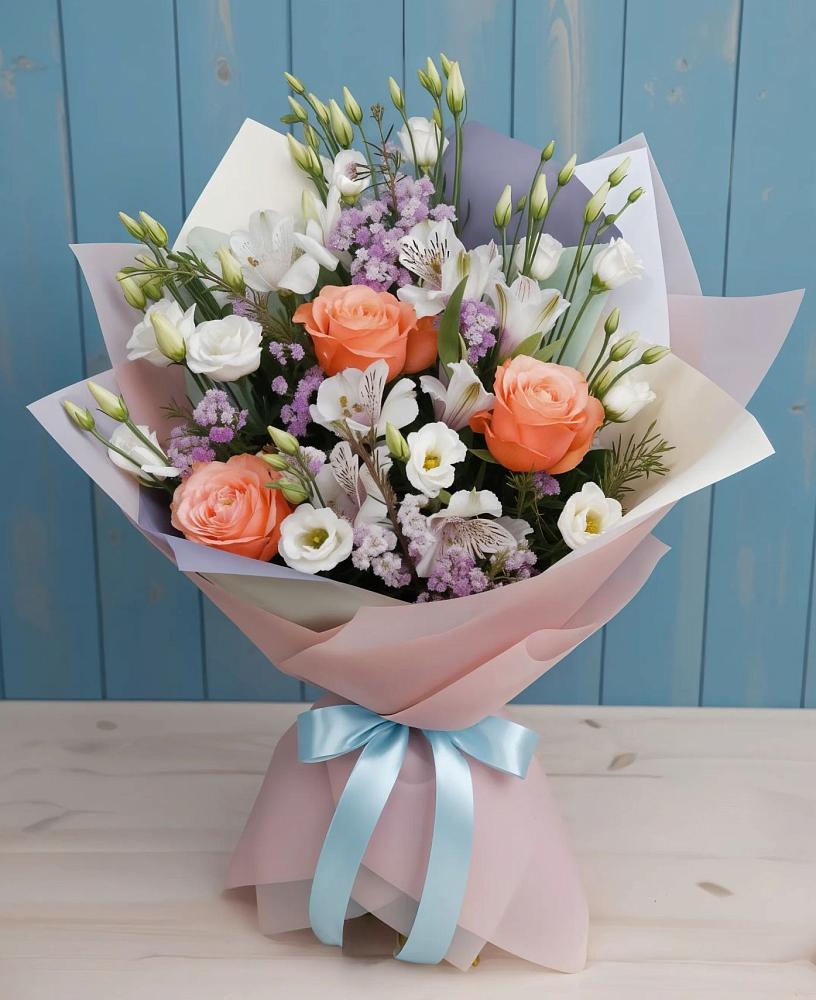 Букет цветов из: Лизиантусы, Розы, Альстромерии и Гипсофила во Власихе
