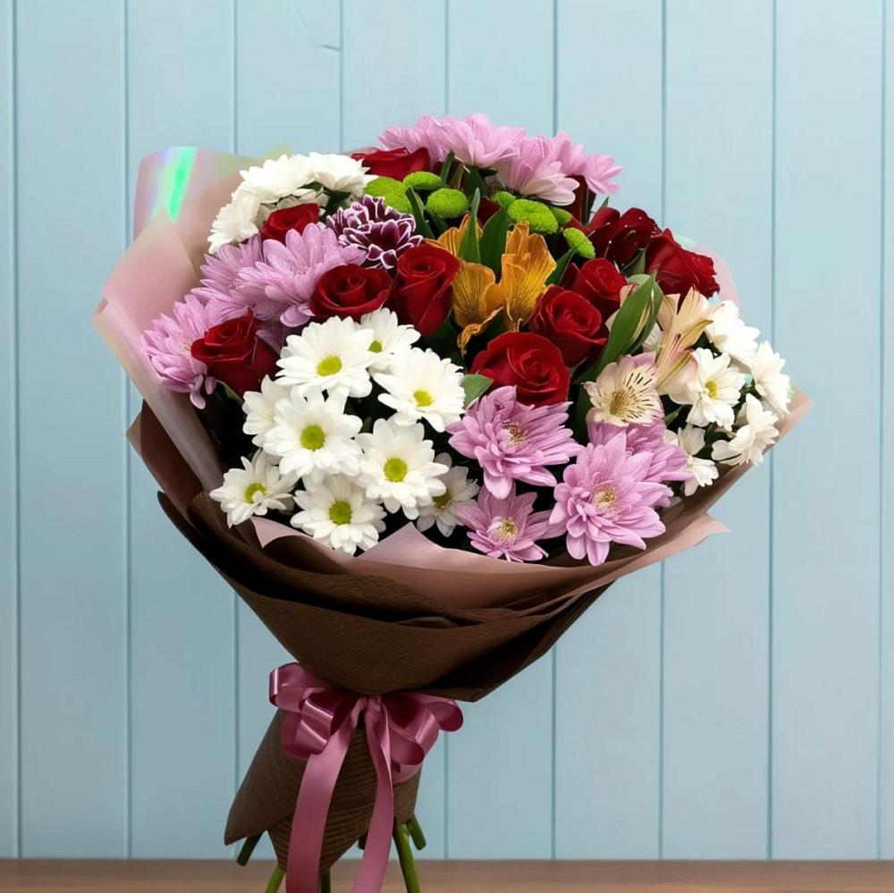 Букет цветов из: Розы, Хризантемы и Альстромерии во Власихе